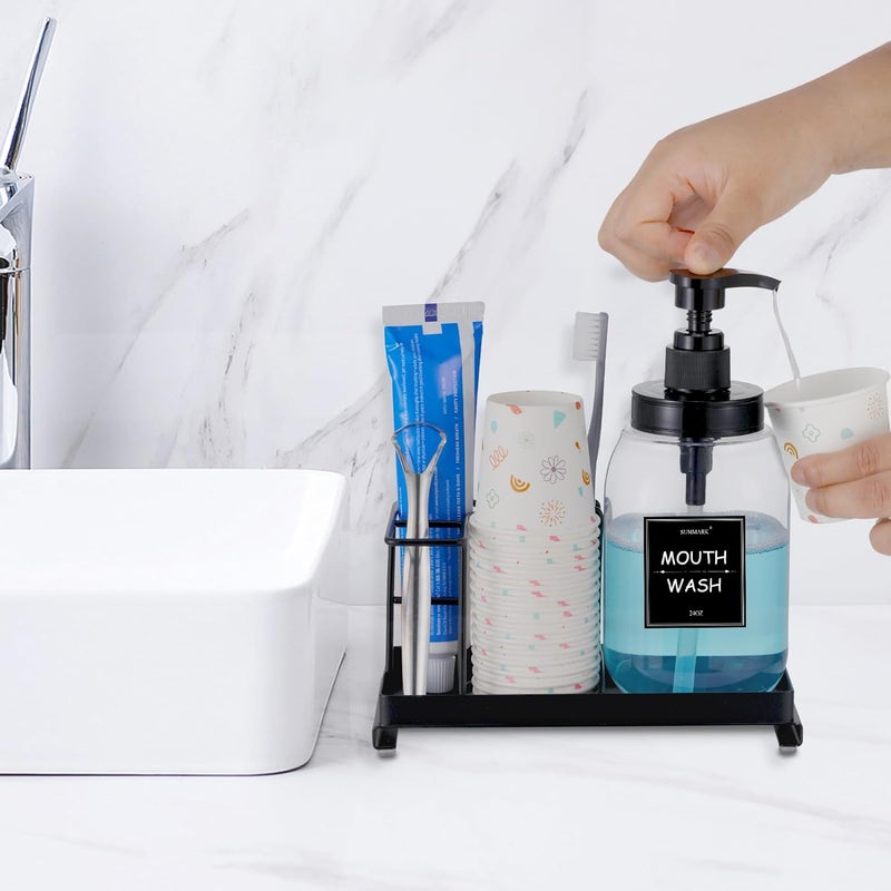 Summark Mouthwash Dispenser with Toothbrush Holder,Mouth Wash Pump Bottle with Stainless Steel Cup Holder,24 OZ Refillable Clear Mouthwash Container with 21Pcs Paper Cups - Image 2